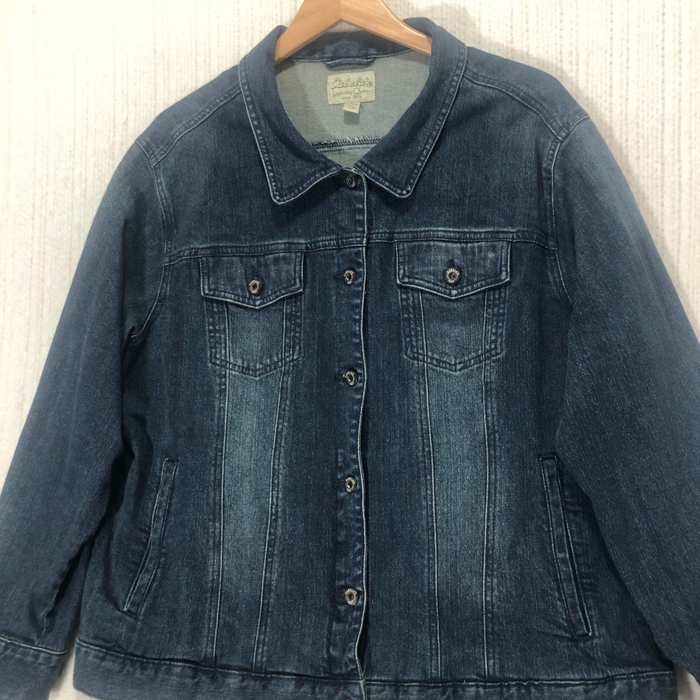 Cabelas Womens Denim Jacket 2XL Button Front Pockets Dark Wash Cotton Blend
